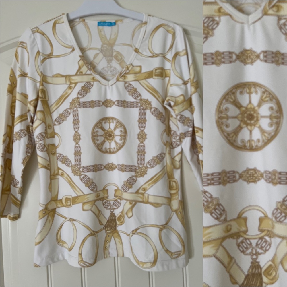 New & NBW/ JMcLaughlin Vneck top in equestrian print sz XS